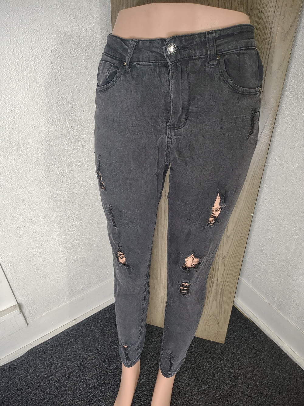 Wax Jean Women's Distressed Skinny Jeans in Charcoal Black